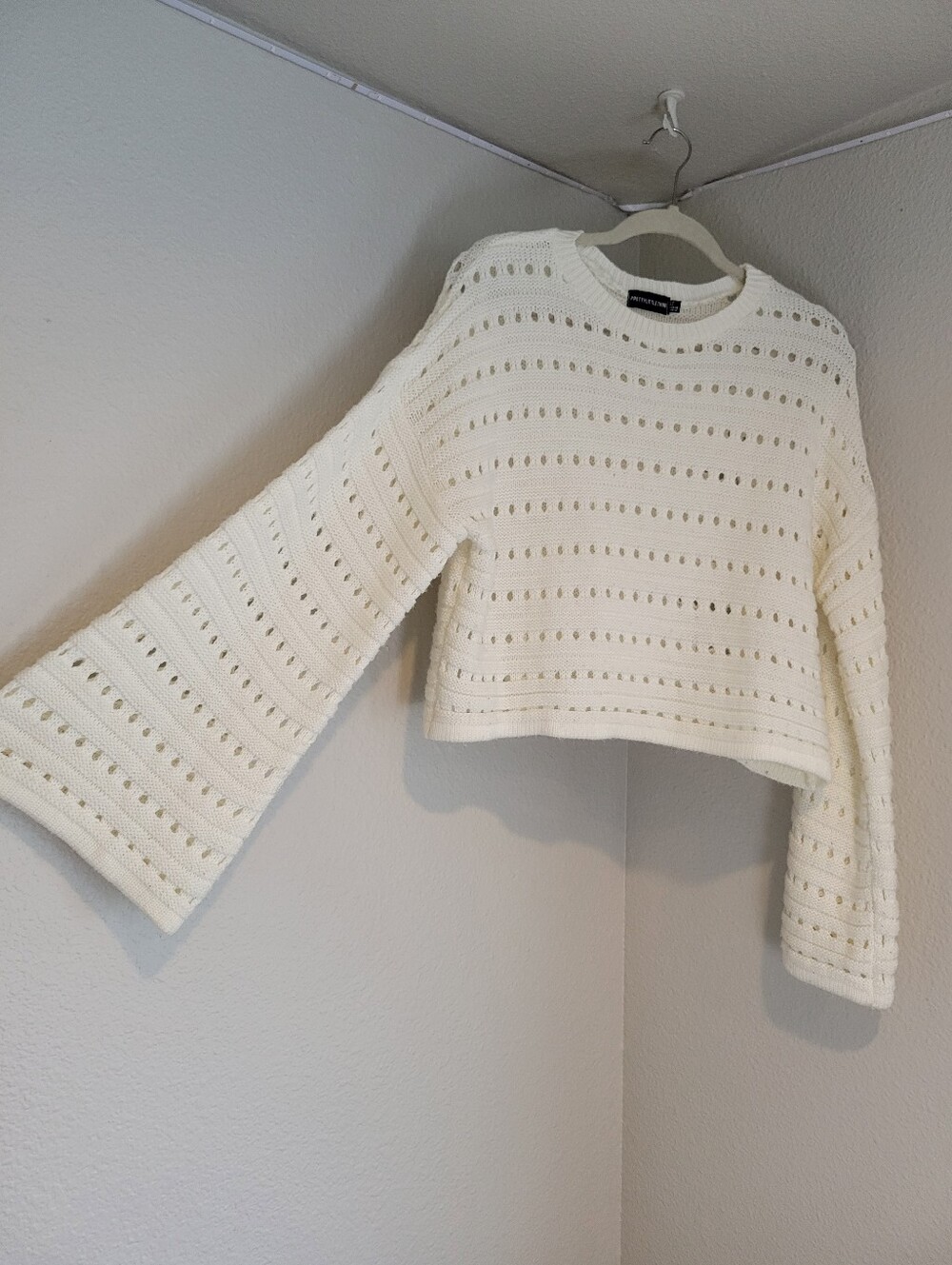 PrettyLittleThing Off White Open-Knit Bell Sleeve Crew Sweater